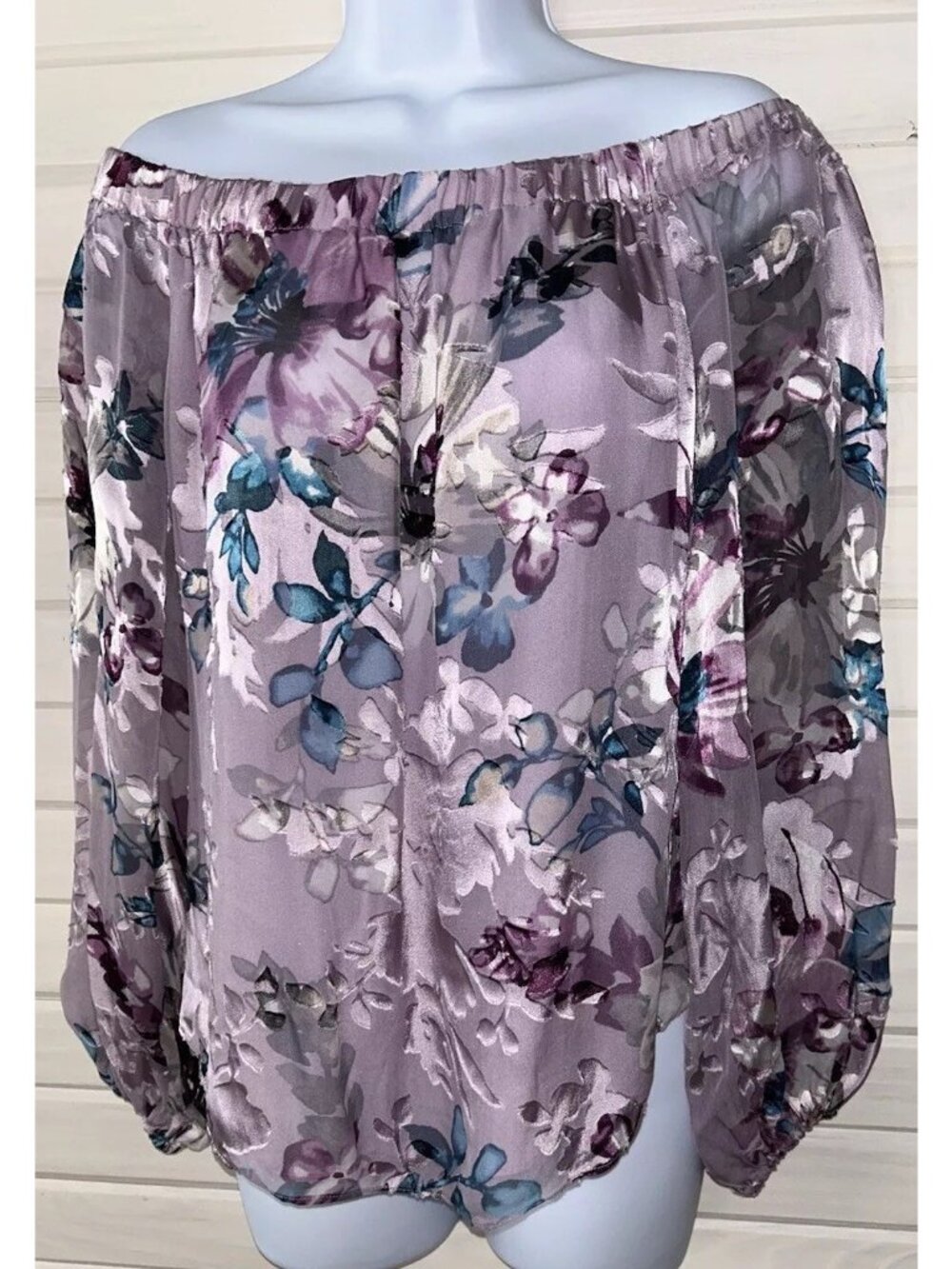 WHBM Sz SMALL Silk Blend Off The Shoulder Floral Blouse Purple Blue Lined EUC